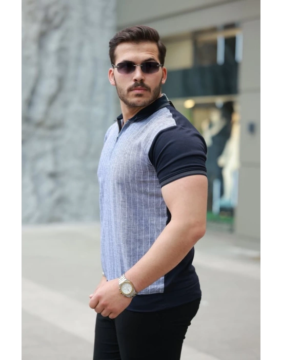 Erkek Fermuar Yakalı çizgili Kısa Kollu Tişört