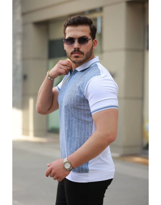 Erkek Fermuar Yakalı çizgili Kısa Kollu Tişört