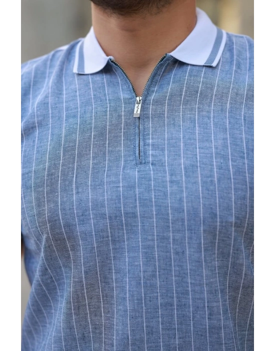 Erkek Fermuar Yakalı çizgili Kısa Kollu Tişört