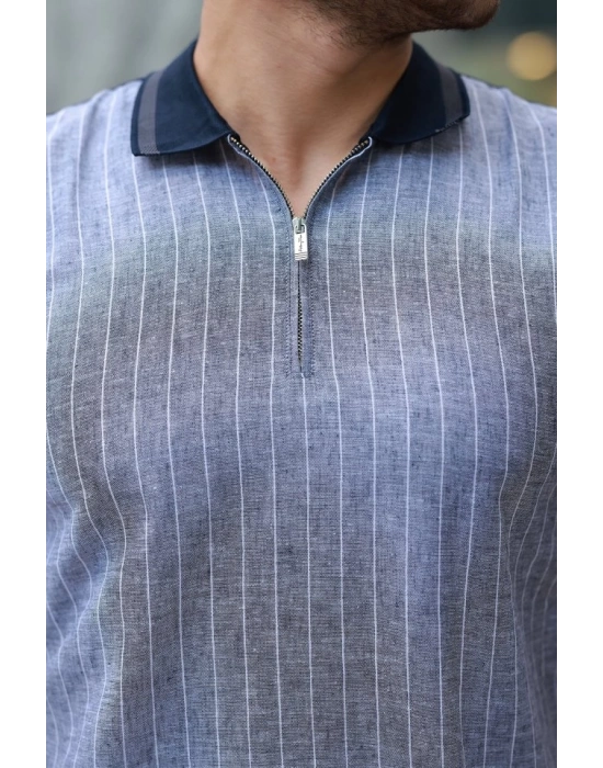 Erkek Fermuar Yakalı çizgili Kısa Kollu Tişört