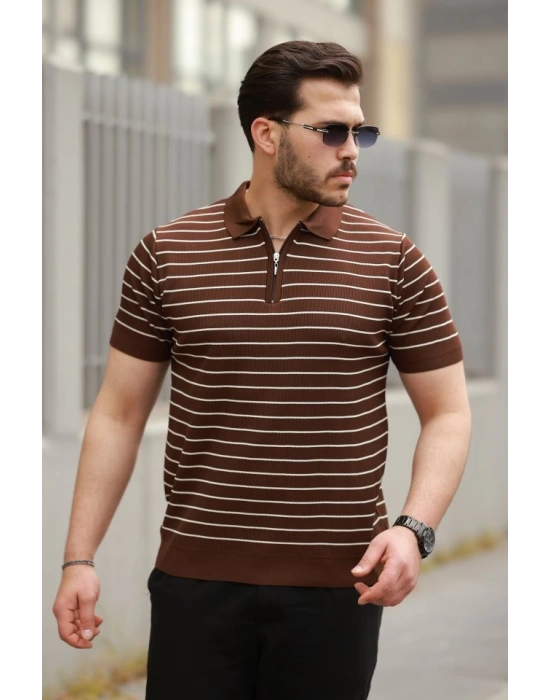 Erkek Fermuar Yakalı çizgili Kısa Kollu Tshirt