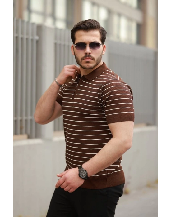 Erkek Fermuar Yakalı çizgili Kısa Kollu Tshirt