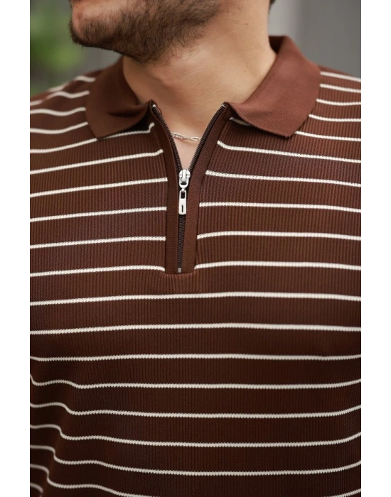 Erkek Fermuar Yakalı çizgili Kısa Kollu Tshirt
