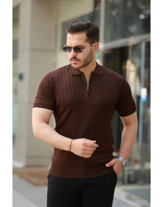 Erkek Fermuar Yakalı Kısa Kollu Tişört