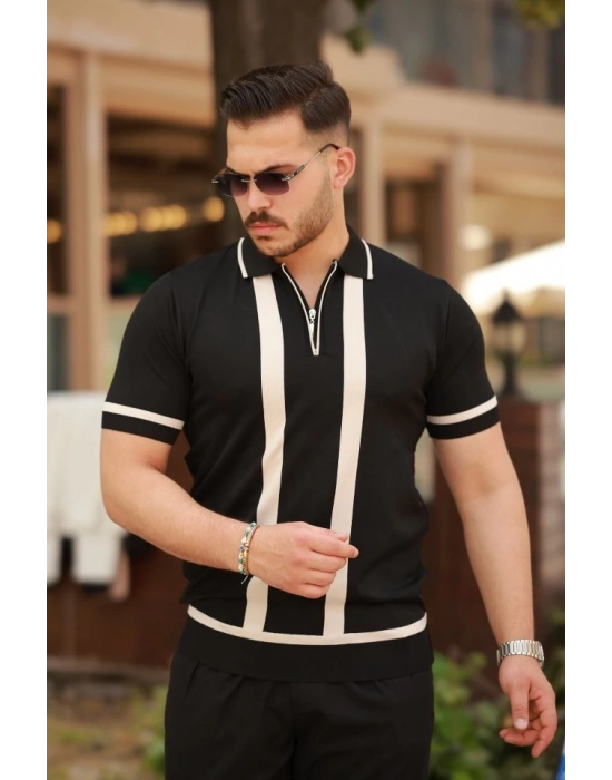 Erkek Fermuar Yakalı şerit Detaylı Kısa Kollu Tişört