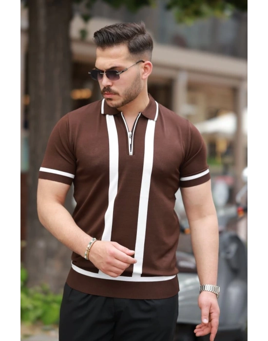 Erkek Fermuar Yakalı şerit Detaylı Kısa Kollu Tişört