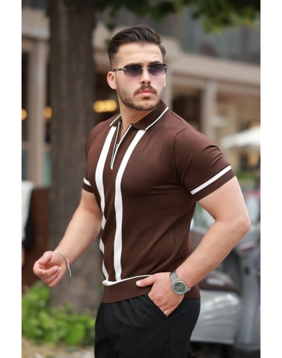 Erkek Fermuar Yakalı şerit Detaylı Kısa Kollu Tişört