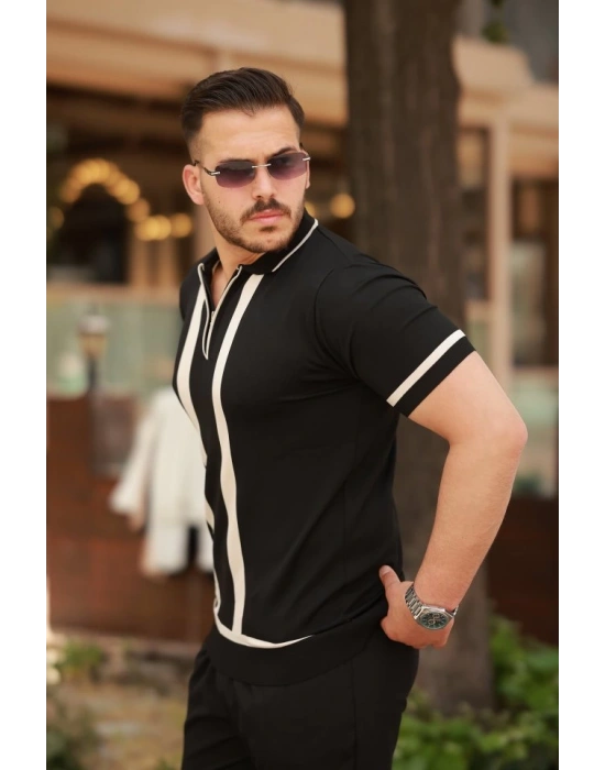 Erkek Fermuar Yakalı şerit Detaylı Kısa Kollu Tişört