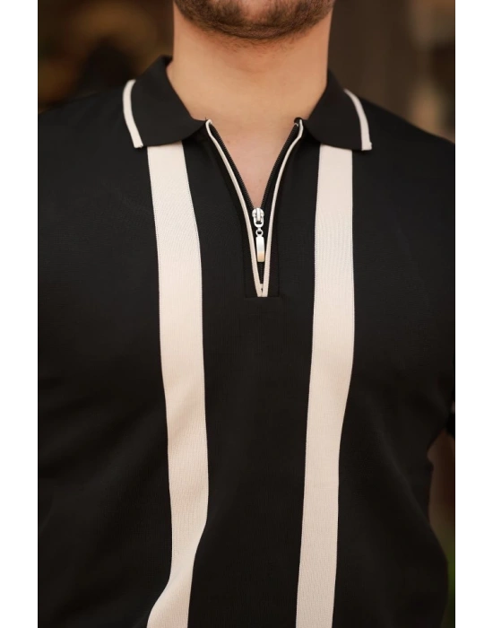 Erkek Fermuar Yakalı şerit Detaylı Kısa Kollu Tişört