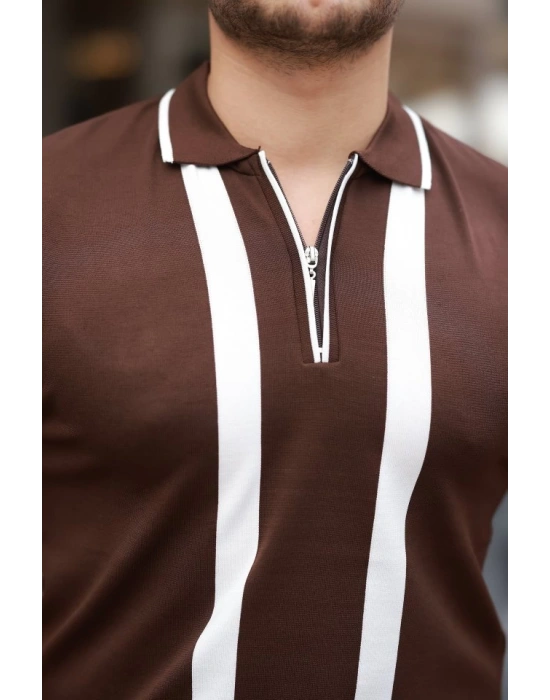 Erkek Fermuar Yakalı şerit Detaylı Kısa Kollu Tişört