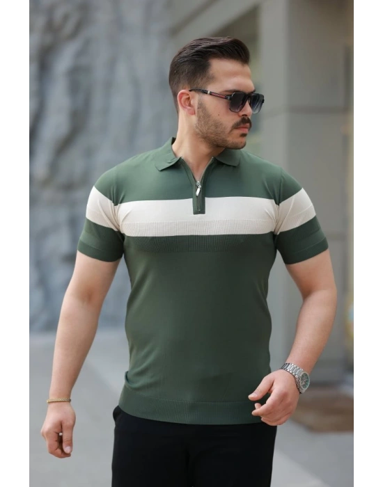 Erkek Fermuar Yakalı şerit Renk Desenli Kısa Kollu Tişört