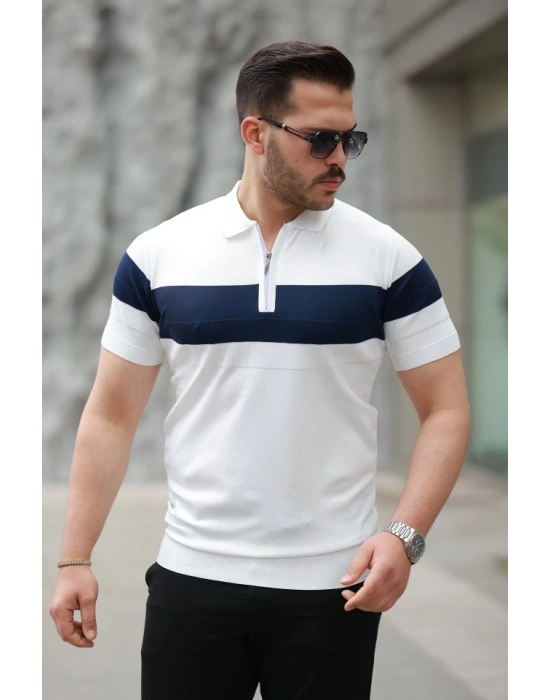 Erkek Fermuar Yakalı şerit Renk Desenli Kısa Kollu Tişört