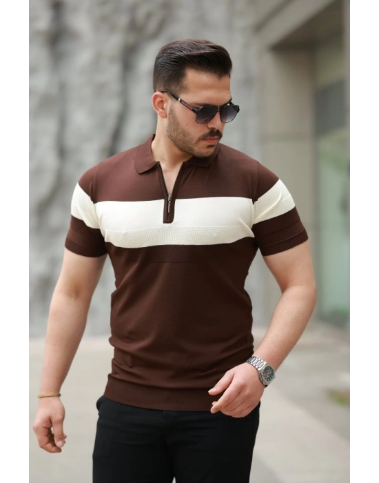 Erkek Fermuar Yakalı şerit Renk Desenli Kısa Kollu Tişört