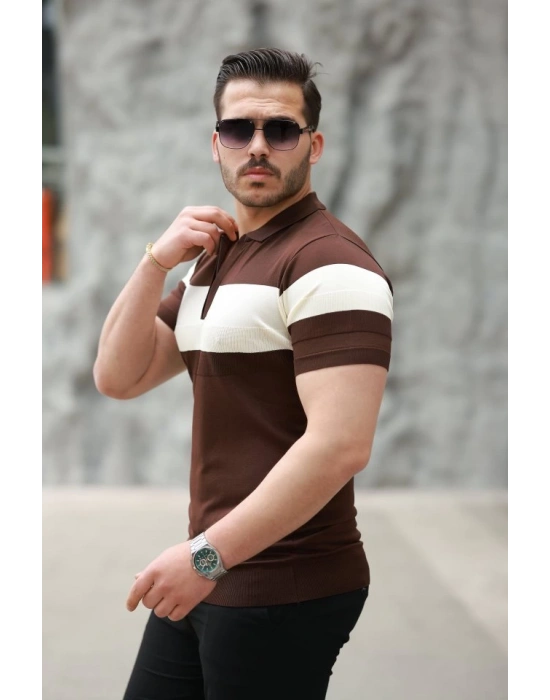 Erkek Fermuar Yakalı şerit Renk Desenli Kısa Kollu Tişört