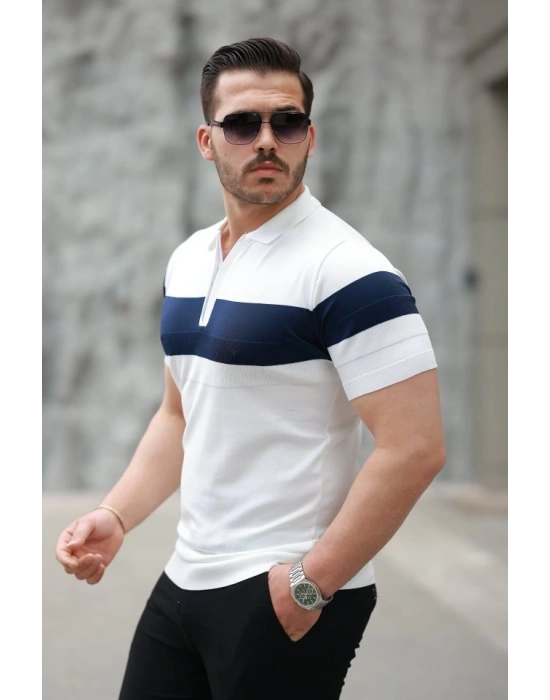 Erkek Fermuar Yakalı şerit Renk Desenli Kısa Kollu Tişört