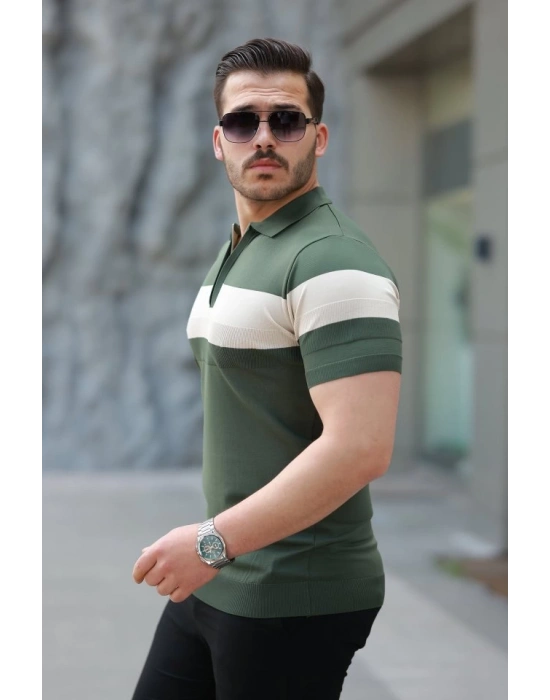 Erkek Fermuar Yakalı şerit Renk Desenli Kısa Kollu Tişört