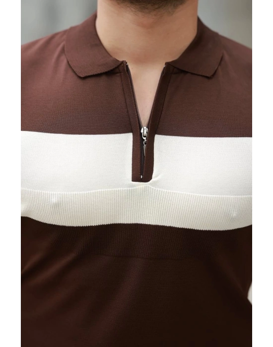 Erkek Fermuar Yakalı şerit Renk Desenli Kısa Kollu Tişört