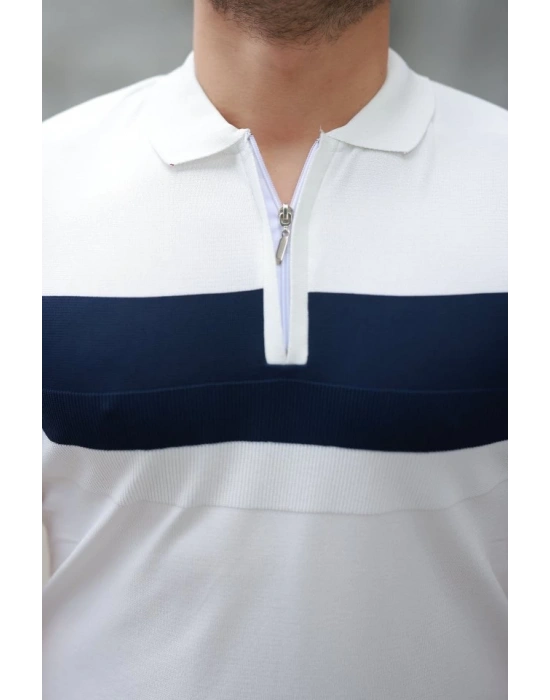 Erkek Fermuar Yakalı şerit Renk Desenli Kısa Kollu Tişört