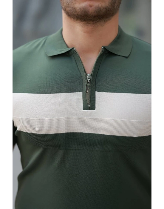 Erkek Fermuar Yakalı şerit Renk Desenli Kısa Kollu Tişört