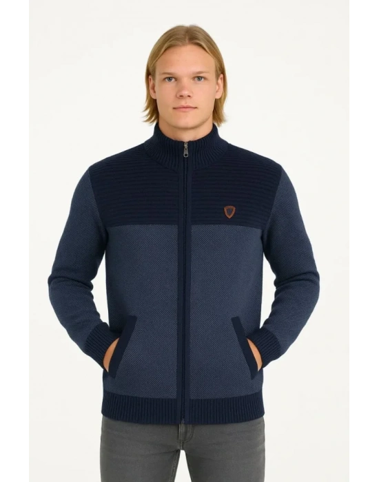 Erkek Fermuarlı Triko Hırka Yüksek Yaka, Cepli, Günlük Şık Rahat Kalıp Triko  acivert