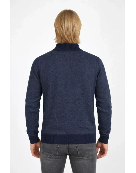 Erkek Fermuarlı Triko Hırka Yüksek Yaka, Cepli, Günlük Şık Rahat Kalıp Triko  acivert