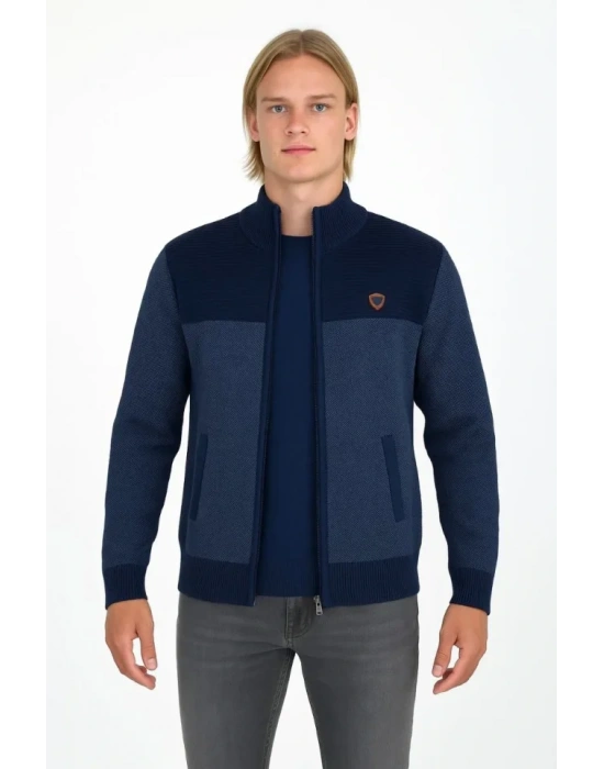 Erkek Fermuarlı Triko Hırka Yüksek Yaka, Cepli, Günlük Şık Rahat Kalıp Triko  acivert