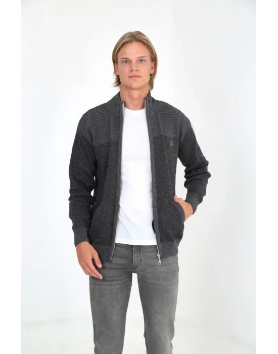 Erkek Fermuarlı Triko Hırka Yüksek Yaka, Cepli, Günlük Şık Rahat Kalıp Triko  Gri