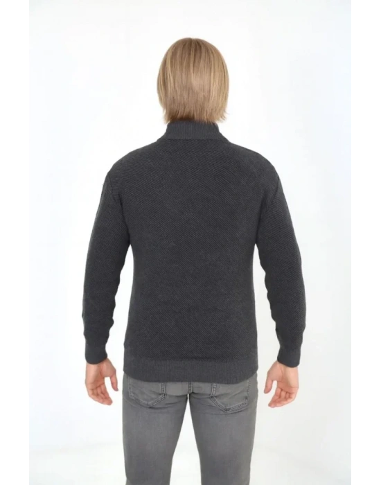 Erkek Fermuarlı Triko Hırka Yüksek Yaka, Cepli, Günlük Şık Rahat Kalıp Triko  Gri