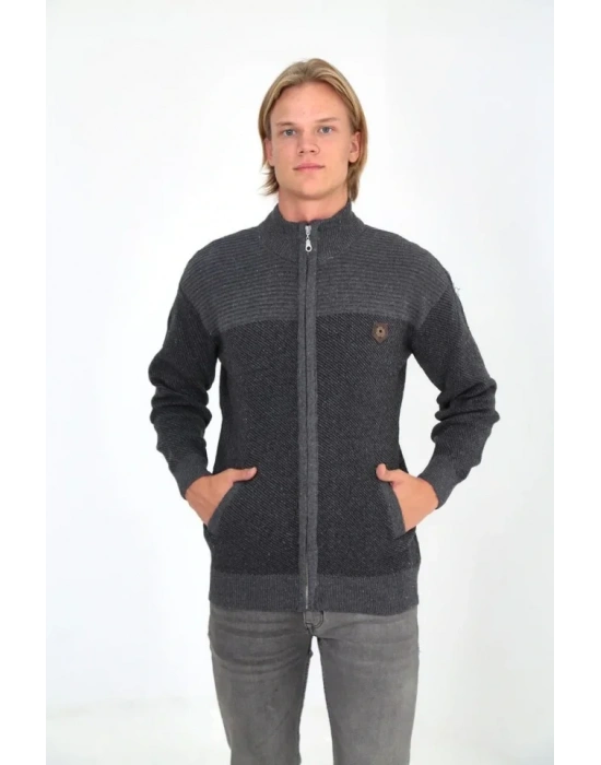 Erkek Fermuarlı Triko Hırka Yüksek Yaka, Cepli, Günlük Şık Rahat Kalıp Triko  Gri