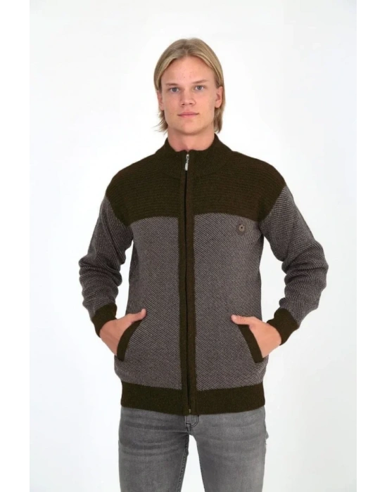 Erkek Fermuarlı Triko Hırka Yüksek Yaka, Cepli, Günlük Şık Rahat Kalıp Triko  Kahverengi