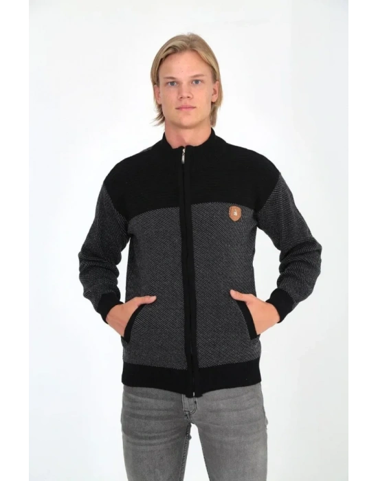 Erkek Fermuarlı Triko Hırka Yüksek Yaka, Cepli, Günlük Şık Rahat Kalıp Triko  Siyah