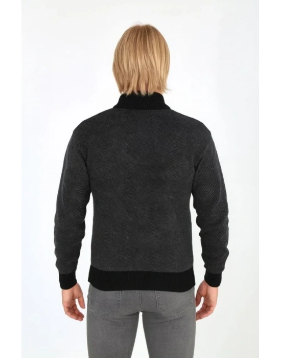 Erkek Fermuarlı Triko Hırka Yüksek Yaka, Cepli, Günlük Şık Rahat Kalıp Triko  Siyah