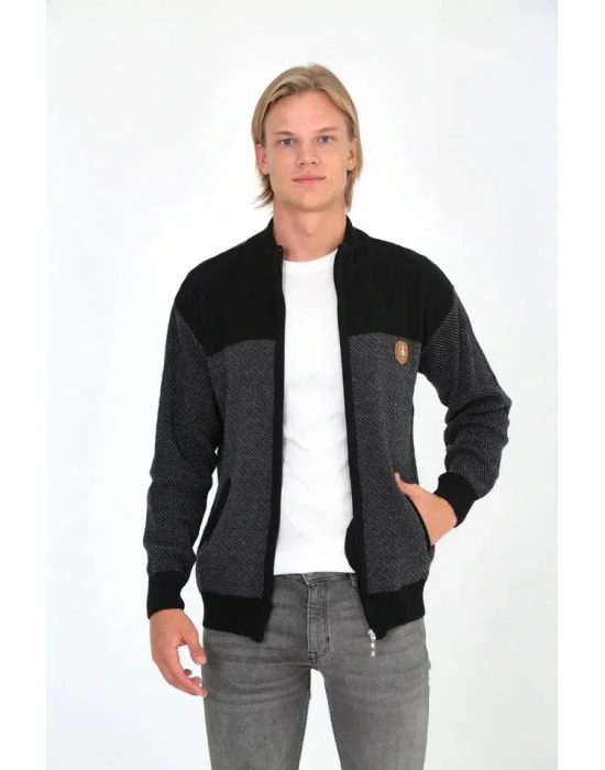 Erkek Fermuarlı Triko Hırka Yüksek Yaka, Cepli, Günlük Şık Rahat Kalıp Triko  Siyah