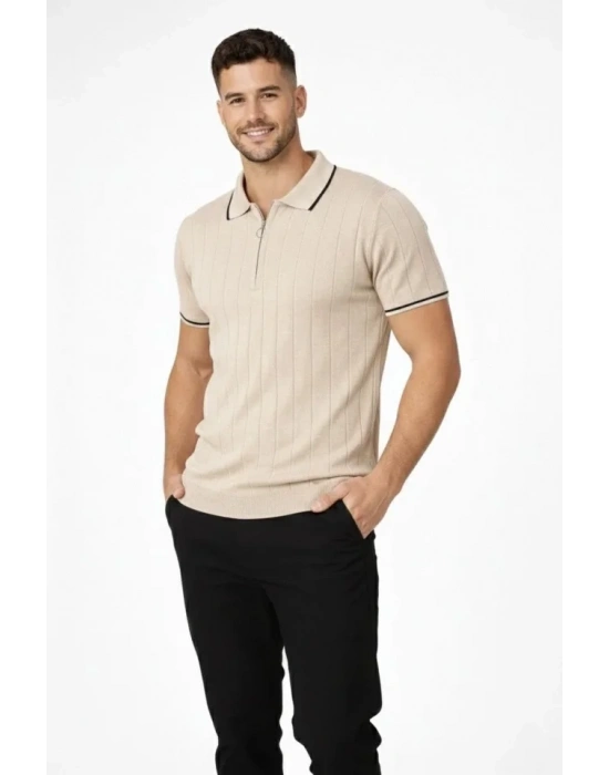 Erkek Fermuarlı Yaka Fitilli Triko Kısa Kollu Regular Fit Tişört Tshirt  Bej