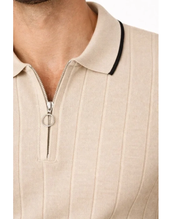 Erkek Fermuarlı Yaka Fitilli Triko Kısa Kollu Regular Fit Tişört Tshirt  Bej