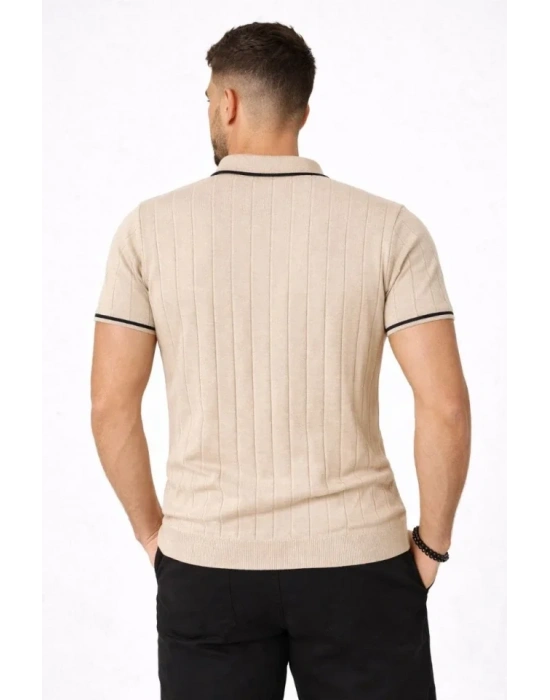 Erkek Fermuarlı Yaka Fitilli Triko Kısa Kollu Regular Fit Tişört Tshirt  Bej