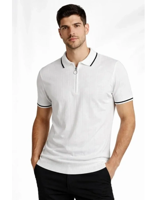 Erkek Fermuarlı Yaka Fitilli Triko Kısa Kollu Regular Fit Tişört Tshirt  Beyaz