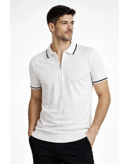 Erkek Fermuarlı Yaka Fitilli Triko Kısa Kollu Regular Fit Tişört Tshirt  Beyaz