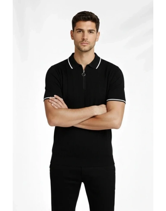 Erkek Fermuarlı Yaka Fitilli Triko Kısa Kollu Regular Fit Tişört Tshirt  iyah
