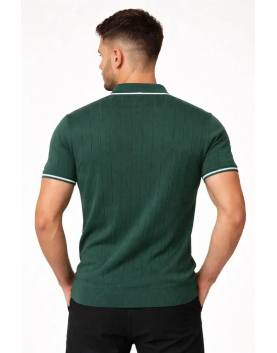Erkek Fermuarlı Yaka Fitilli Triko Kısa Kollu Regular Fit Tişört Tshirt  Yeşil