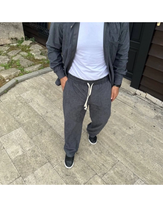 Erkek Fitilli Kadife Cepli Buggy Pantolon Oversize Rahat Kalıp  Füme