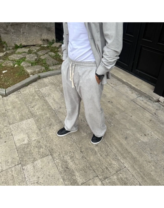 Erkek Fitilli Kadife Cepli Buggy Pantolon Oversize Rahat Kalıp  Gri