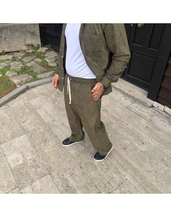 Erkek Fitilli Kadife Cepli Buggy Pantolon Oversize Rahat Kalıp  Haki
