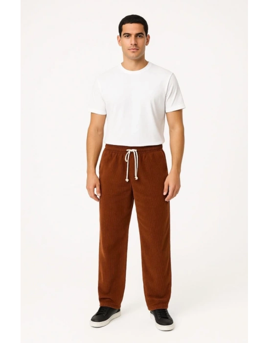 Erkek Fitilli Kadife Cepli Buggy Pantolon Oversize Rahat Kalıp  Kahverengi