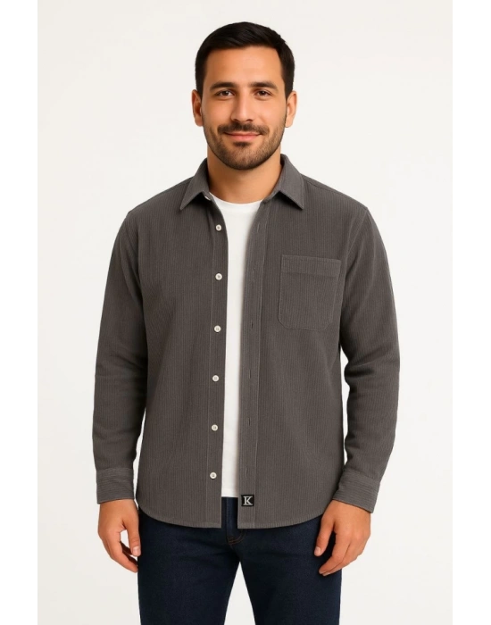 Erkek Fitilli Kadife Cepli Gömlek Oversize Rahat Kalıp  Füme
