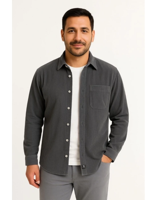 Erkek Fitilli Kadife Cepli Gömlek Oversize Rahat Kalıp  Füme