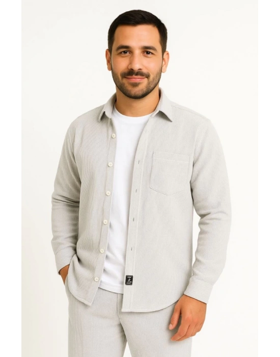 Erkek Fitilli Kadife Cepli Gömlek Oversize Rahat Kalıp  Gri