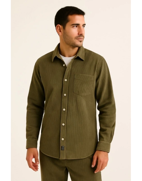 Erkek Fitilli Kadife Cepli Gömlek Oversize Rahat Kalıp  Haki