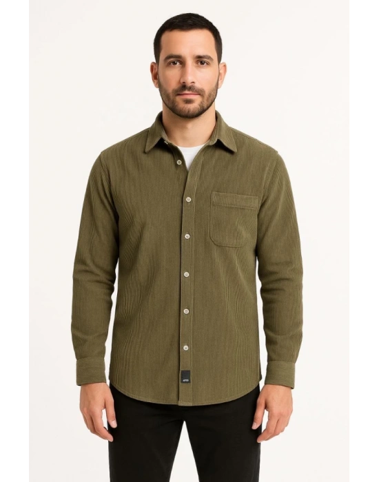 Erkek Fitilli Kadife Cepli Gömlek Oversize Rahat Kalıp  Haki