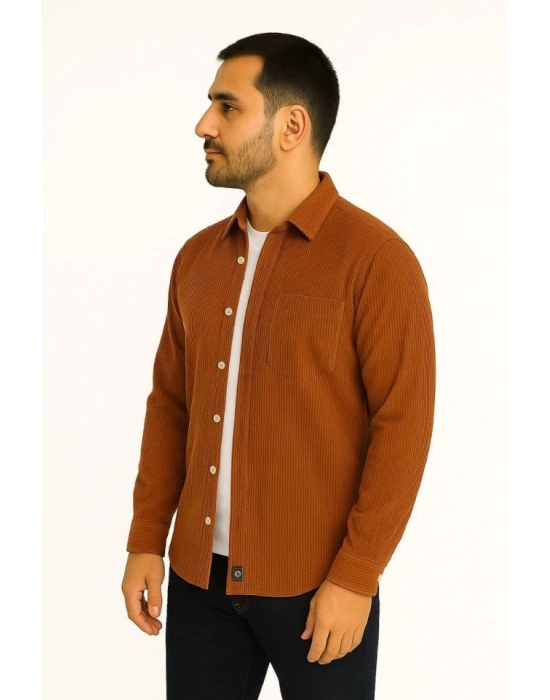 Erkek Fitilli Kadife Cepli Gömlek Oversize Rahat Kalıp  Kahverengi